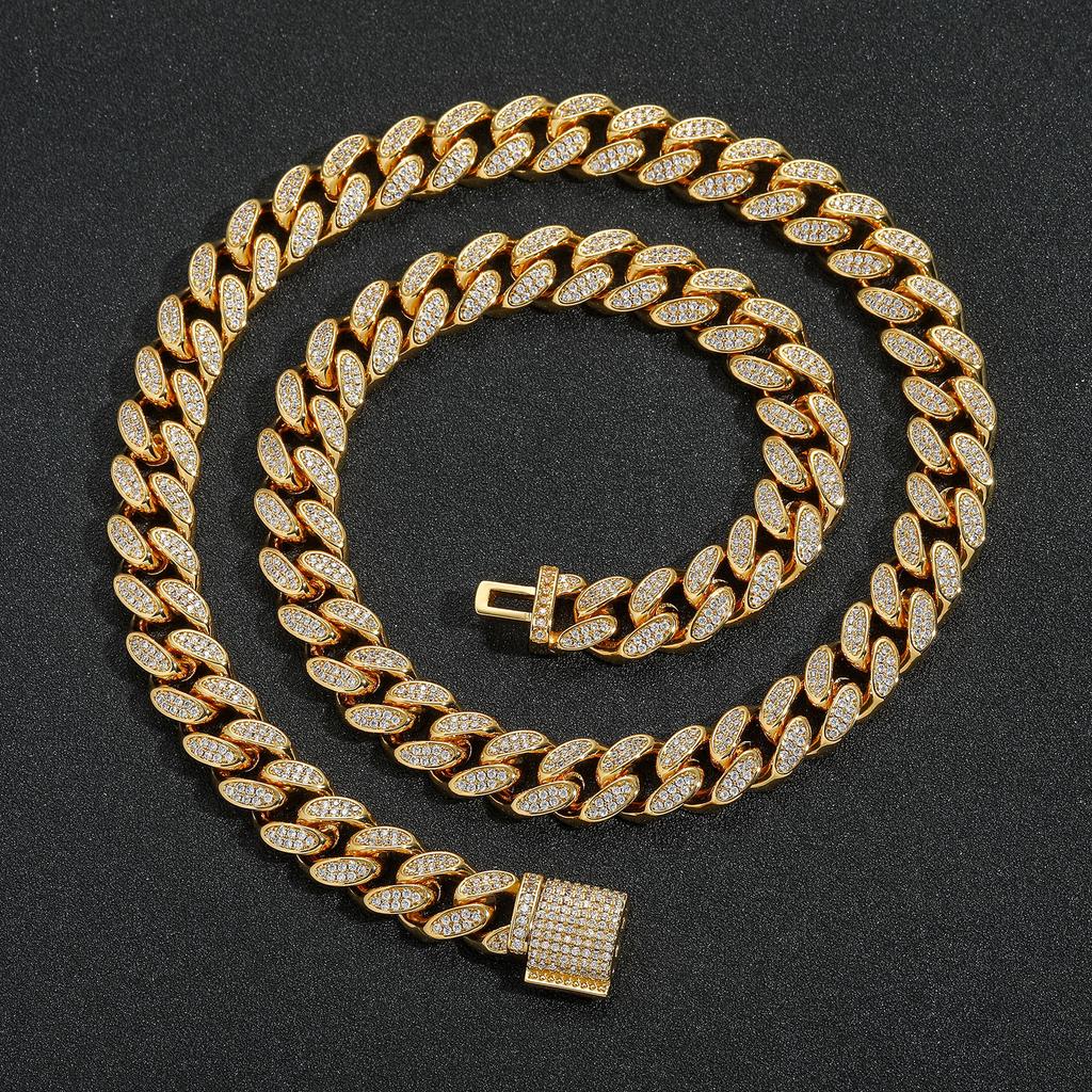BES 12mm Wide Cuban Link Chain Bracelet Necklace Hip Hop Personality Trend Hip Hop Brass Zircon Miami Cuban Chain Jewelry