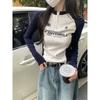 Spring half-zipper stand-up neck bottoming shirt contrasting color embroidery shoulder sleeves long-sleeved T-shirt Spice Girl Top