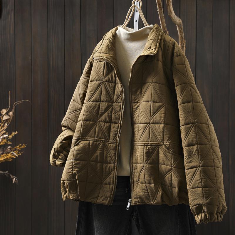 Johnature Women Vintage Winter Zipper Jackets Turtleneck Solid Color Long Sleeve Patchwork Pockets Casual Jackets Coats