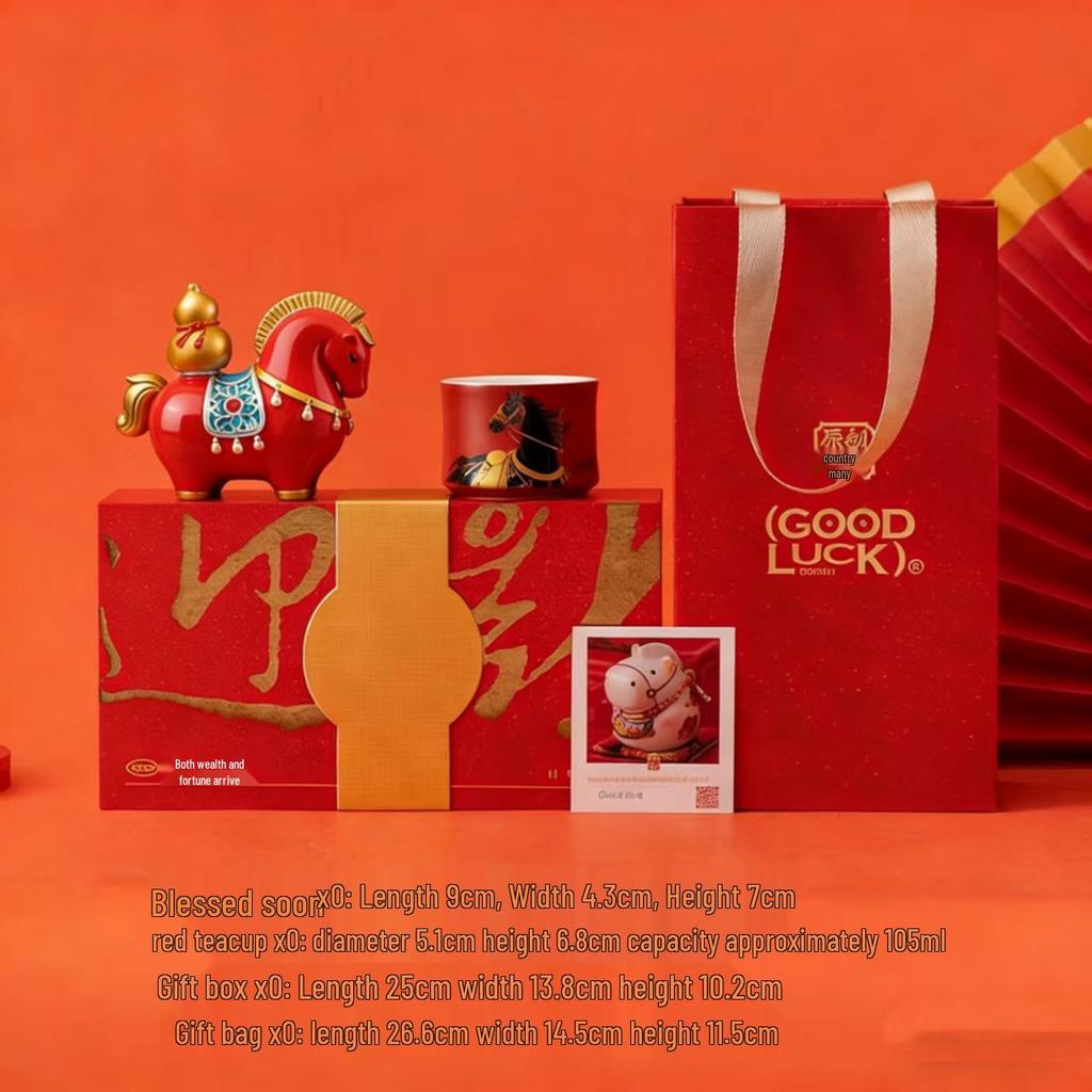 2026 Year of the Horse Cultural Gift Set: Ceramic Tea Cup, Ornament, Piggy Bank Souvenir