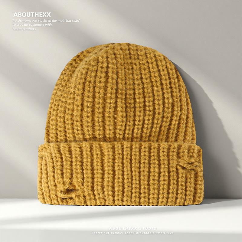 New Style Ripped Knitted Hat for Women Winter Retro  Versatile Face Showing Small Woolen Hat Large Head Circumference  Warm Pullover Cold Hat for Men