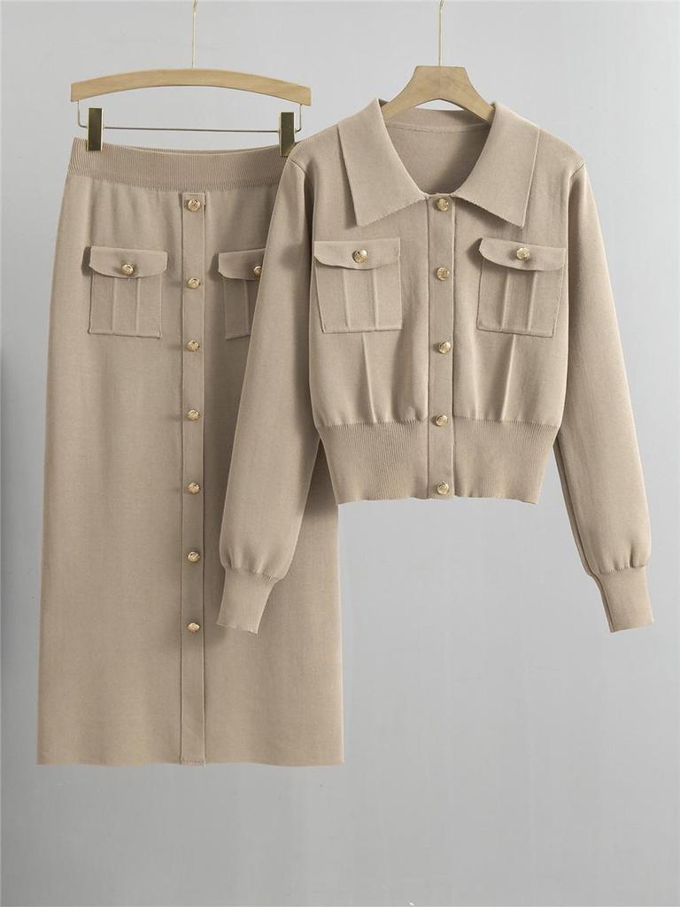 Korean Style Slim Knit Polo Sweater and Skirt Set for Women