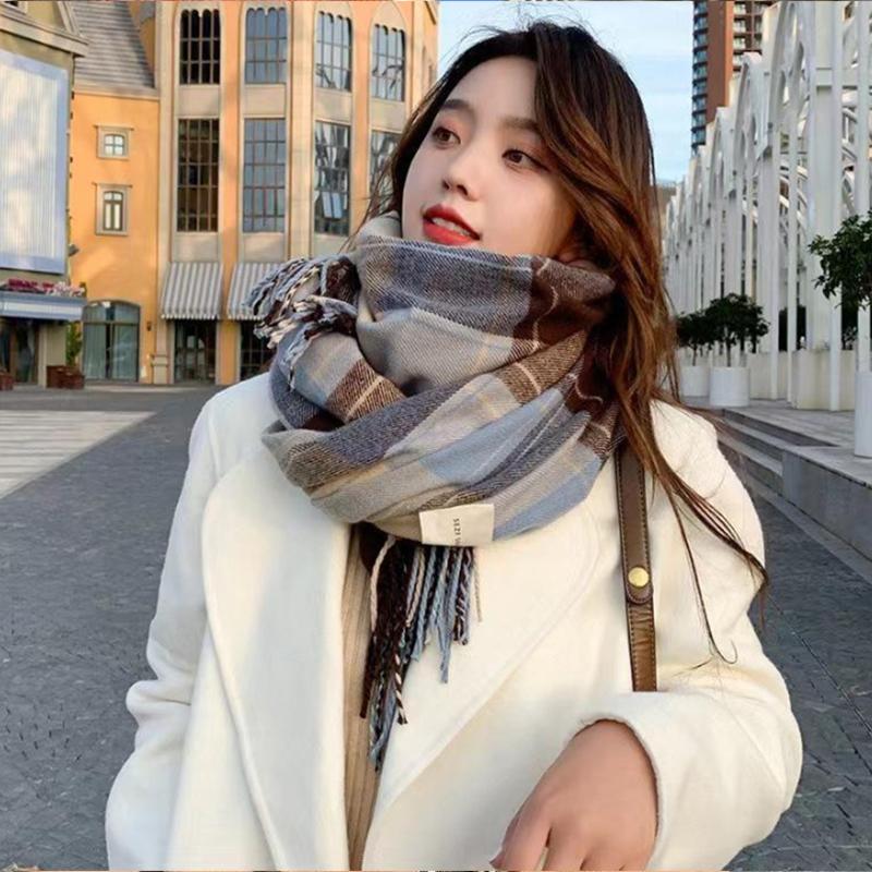 Checkered Printed Thick Women'S Shawl Paired With Tassel Shawl Casual Scarf