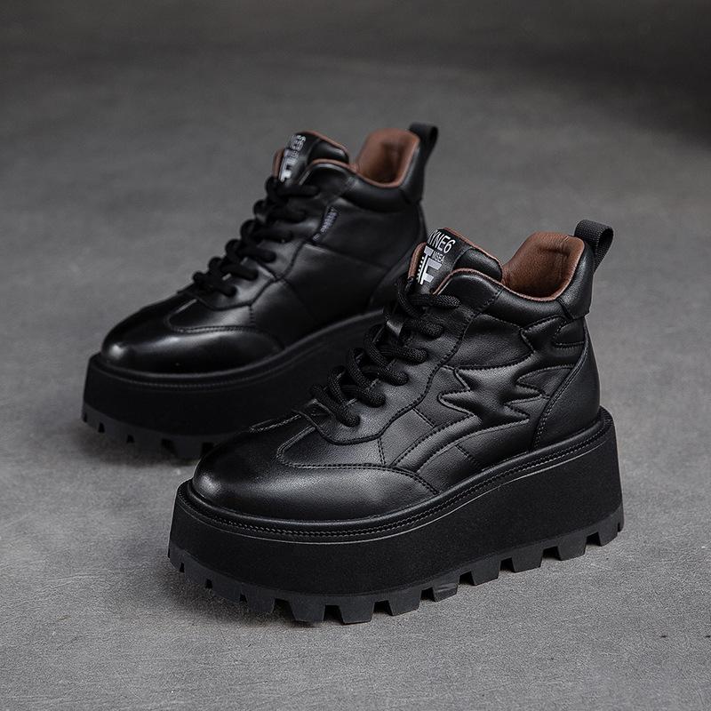 

GKTINOO Лоферы для женщин 7 см Ретро На щиколотке из натуральной кожи Британские Осенне-зимние Плюшевые Мокасины Плоская обувь на резиновой подошве 9 чёрный