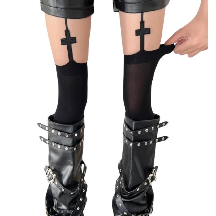 Women s Garter Belt Stockings Suspender Pantyhose Tights Dark Gothic Crosses Design Thigh High Socks Leggings Hosiery