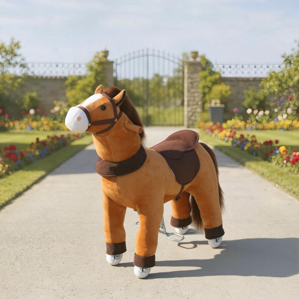 Ride On Horse, Plush Walking Horse Toy with Wheels and Saddle for Ages 3-5 Years Old, Brown