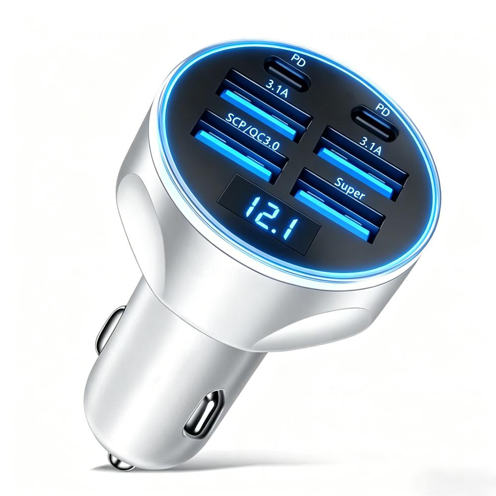 6 in 1 Super Fast Charge Multi Port USB C Car Charger Adapter with Voltmeter for iPhone Samsung Android Phone New Products 2026