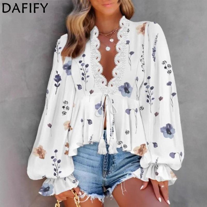 DAFIFY Women's Fashion Casual Spring Autumn Flower Pattern Print Long Sleeve V-Neck Blouses & Shirts