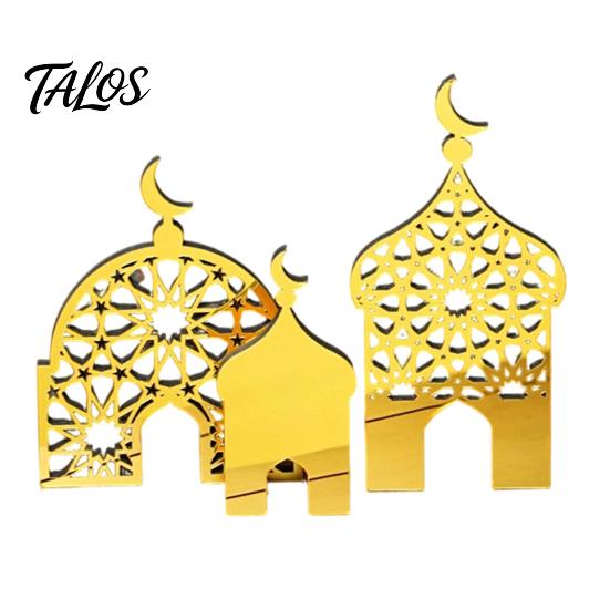 Eid Mubarak Decorations 3PCS Ramadan Golden Castle Ornament, Hollow Mosque Design, Thick Wood And Pattern Crafts Acrylic Desktop Accents, Religious