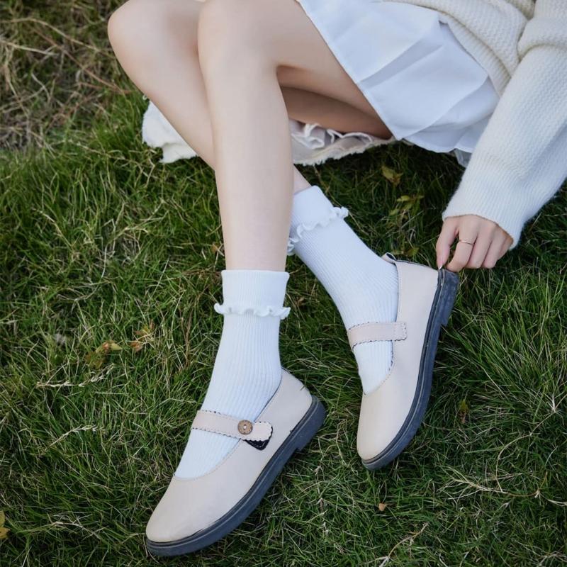 Ruffle Ankle Socks for Women Cotton Soft Solid Color Ribbed Knitted Lettuces Edge Low Cut Middle Tube Frilly Crew Socks