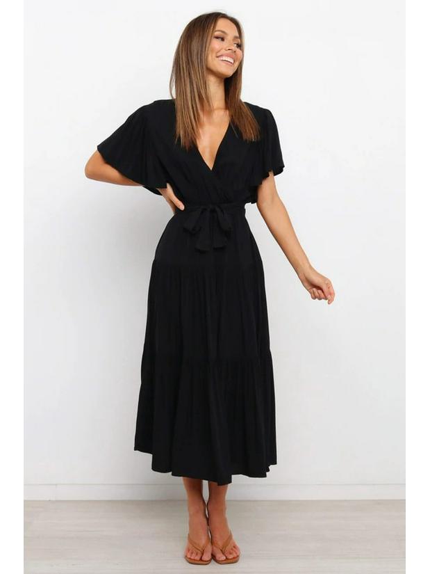 Böhmisches V-Ausschnitt Druck Kurzarm Taillenbetontes Langes Kleid Verfügbar