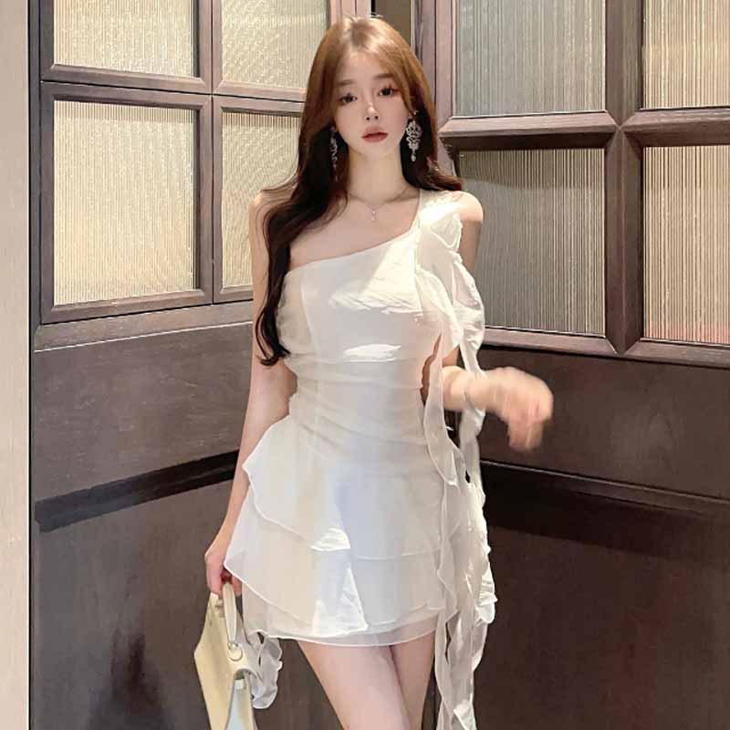 2025 fashion new women's clothing gentle slanted shoulder streamer chiffon dress with flowers