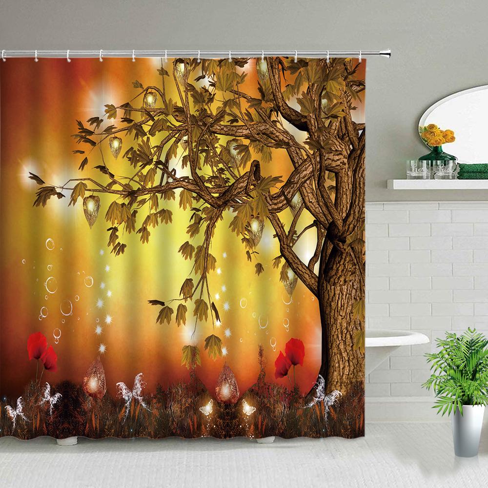 Fantasy Forest Shower Curtain Set Mystery Fairy Forest  Mushroom Flower Plant Home Bathroom Decor Curtains  Bath Accessory Set