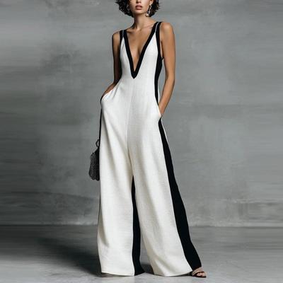 2026 Black & White Color Block Women's Deep V-Neck Jumpsuit with Thin Straps