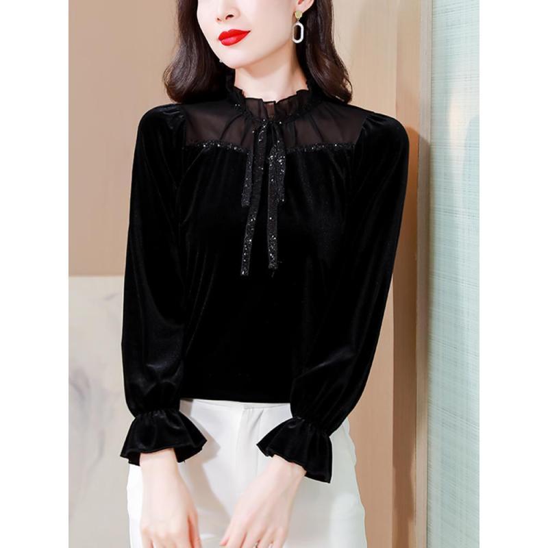 

Женская корейская мода винтажная сексуальная прозрачная черная бархатная рубашка офисная женская элегантная блузка со шнуровкой и оборками с длинным рукавом тонкие топы 4XL чёрный