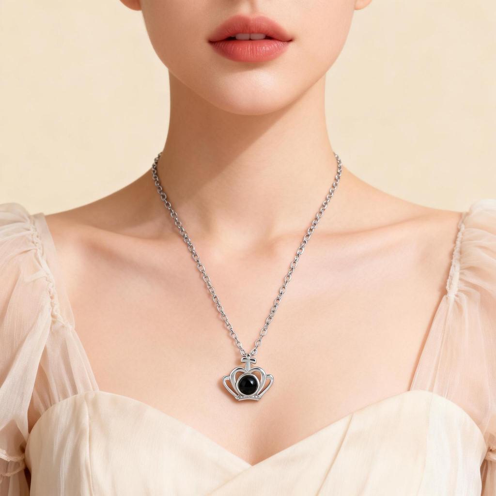 100 Languages 'I Love You' Crown Projection Necklace - Titanium Steel Clavicle Chain for Women