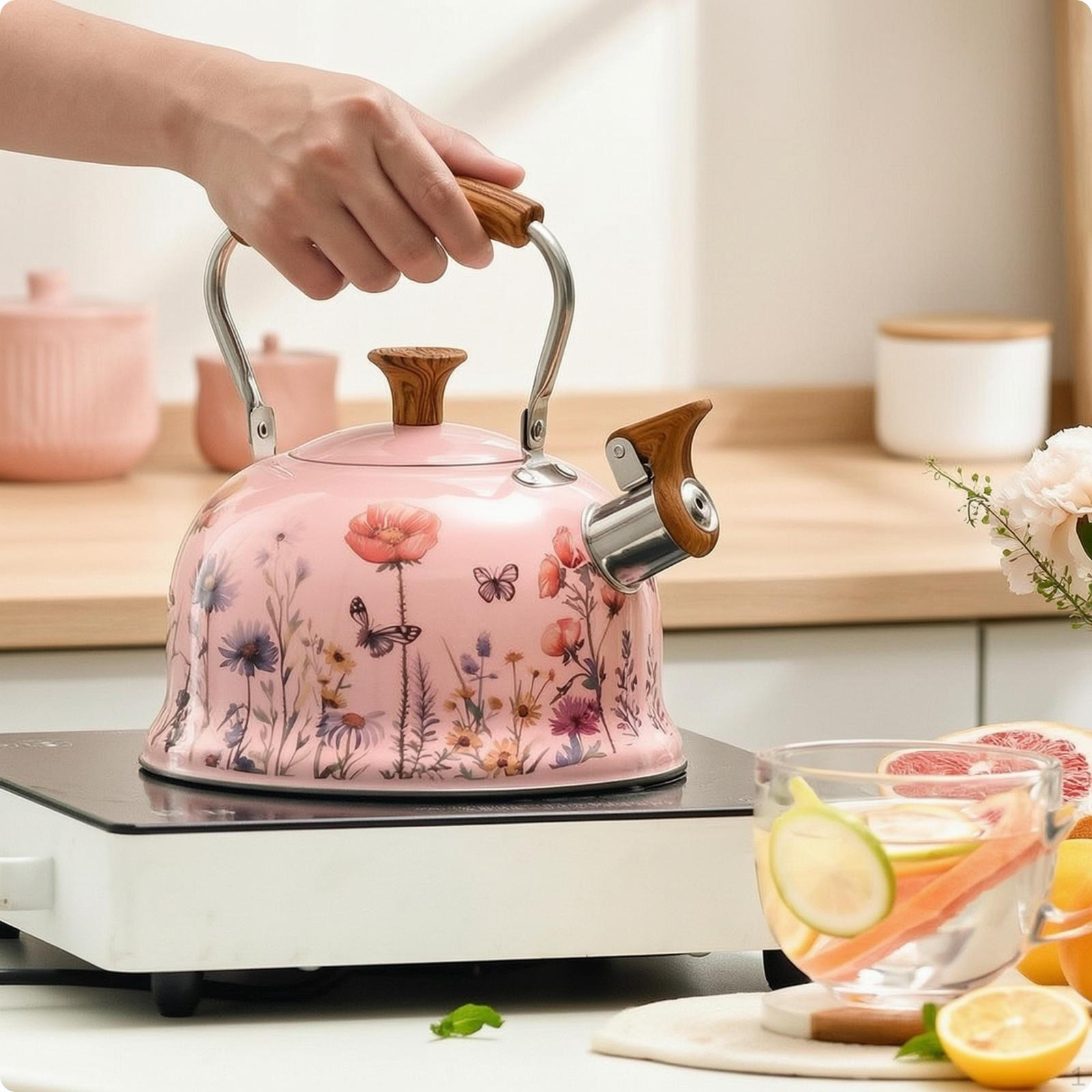 Stovetop Whistling Kettle Stainless Steel Floral Print for Kitchen,