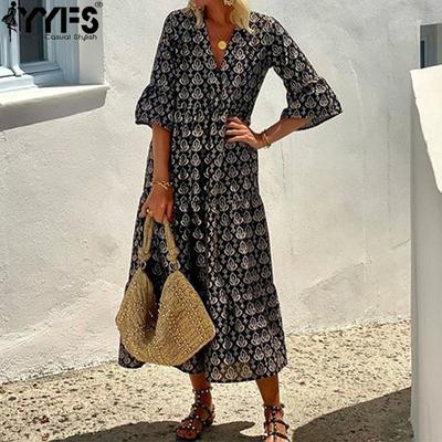 Women's Fashion Spring Fall Bohemia 1/2 Sleeves V-Neck Loose Waistline Casual Dresses