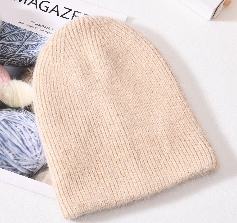 Angora Rabbit Fur Winter Woman Hat Cashmere Skullies Beanies Soft Solid Warm Fluffy Thick Sequins Knitted Hat Gift Wholesale