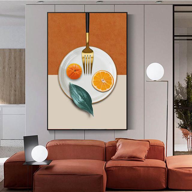 Solid Wood Frame Abstract Wine Glass Orange Fork Plate Bow Restaurant Tableware Canvas Painting for Living Room Restaurant Decoration