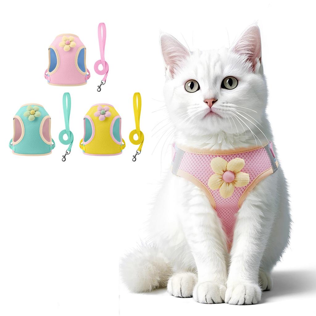 Blumennetz-Hund mit passender Leine, Leichte Haustierweste, Geeignet für kleine und mittelgroße Katzen und Hunde