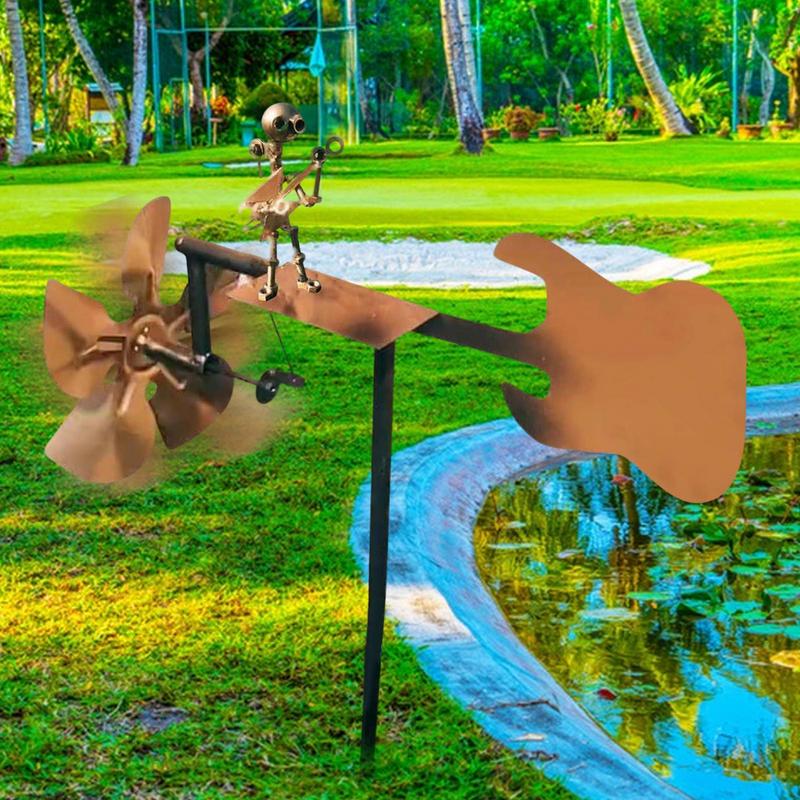 Metal Drummer Windmill Garden Statue Handmade  Metal Guitar Wind Spinner Decorative Power Rock Art For Lawn Porch Yard Decor