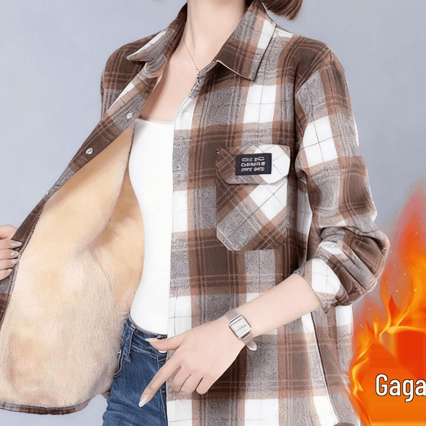 Fleece-Lined Plaid Mid-Length Wool Shirt for Women - Plus Size, Long-Sleeve Casual Outerwear