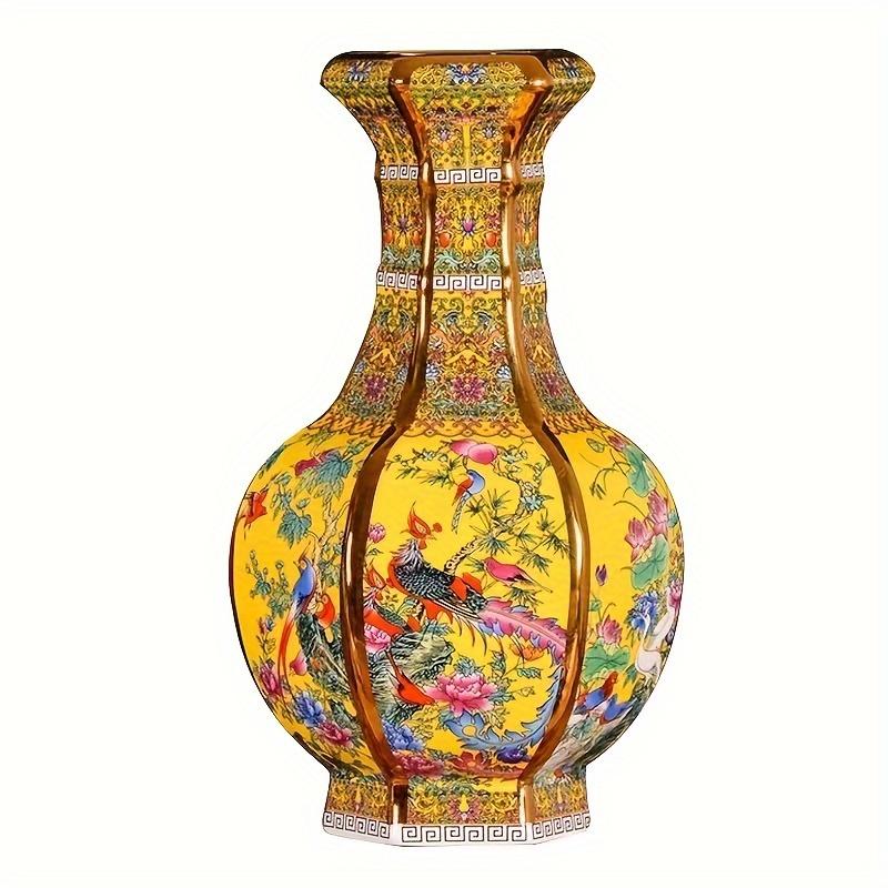 

Винтажная китайская керамическая ваза - ваза с цветочным рисунком в виде птиц в стиле династии Цяньлун, расписанная вручную эмалевая желтая ваза, антикварный домашний декор жёлтый