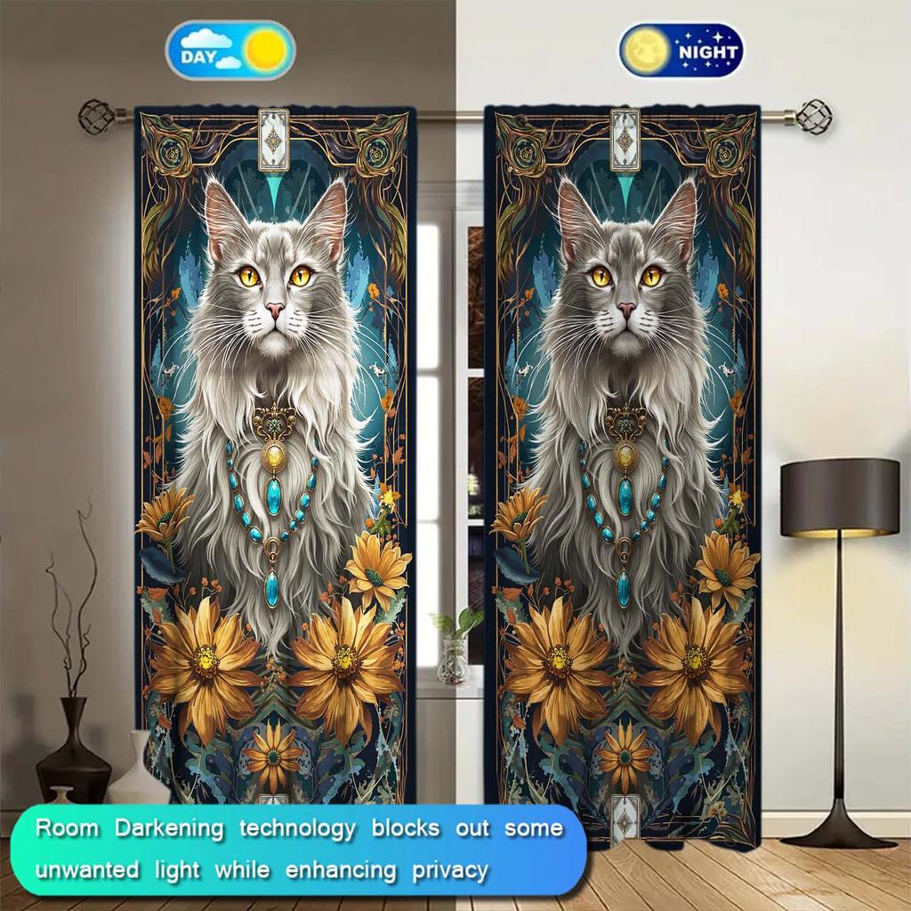 2 Panels Retro Cute Pet Cat Pattern Window Curtains - Heat-insulating   Suitable for Decorating Curtains In Various Rooms
