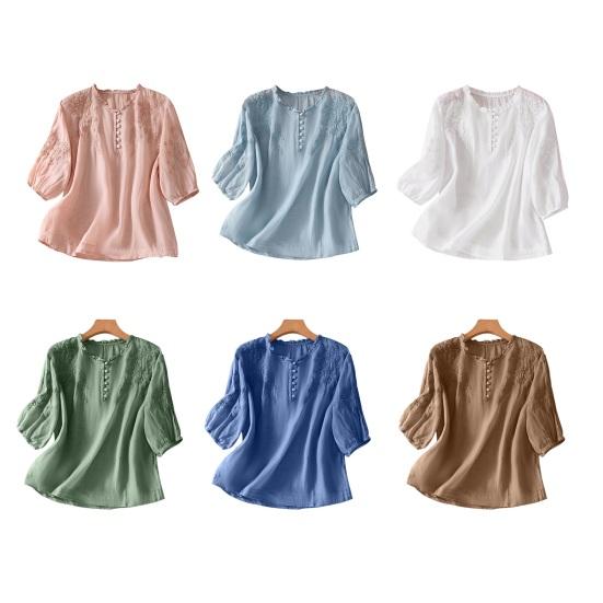 Camicia da Donna Ricamata Floreale Manica a 3/4 a Palloncino Vestibilità Larga Pullover Top Orlo Curvo Casual Estiva Blusa Traspirante Quotidiano