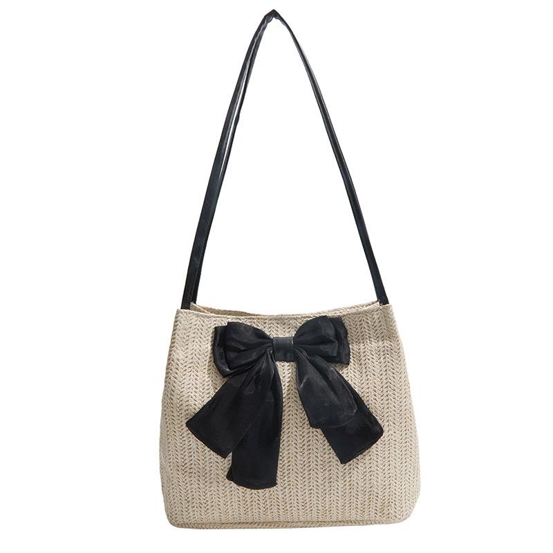 Woven bag women s summer new fashion bow shoulder bag large capacity casual cute tote bag