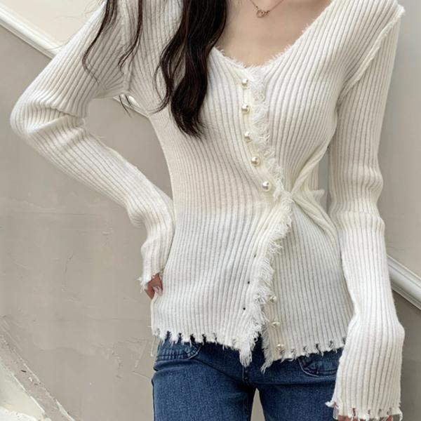 Early Autumn Korean Style V-neck Slim Fit Inner Layer Sweater with Base Women's Tassel Nail Bead Designknitted Cardigan Top