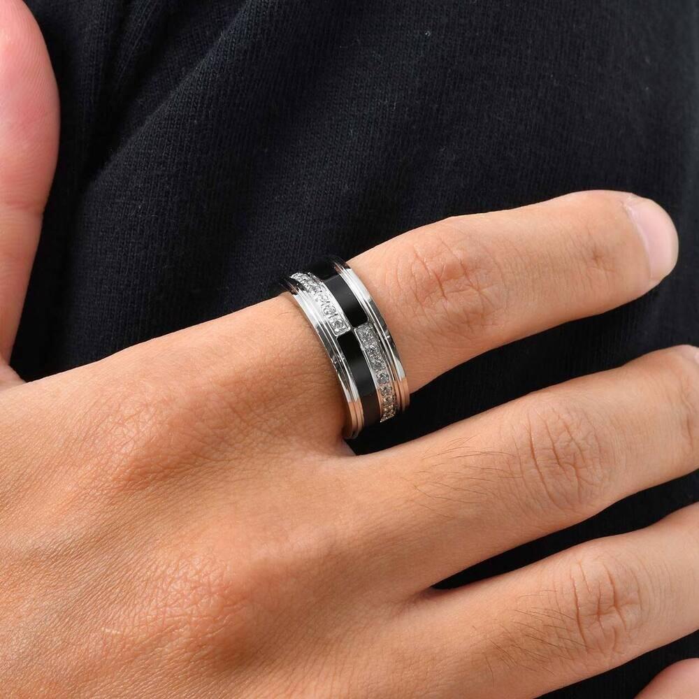Stylish Black Enamel Ring for Men,Casual AAA White CZ Stone Stainless Steel Minimalist Wedding Ring Gift