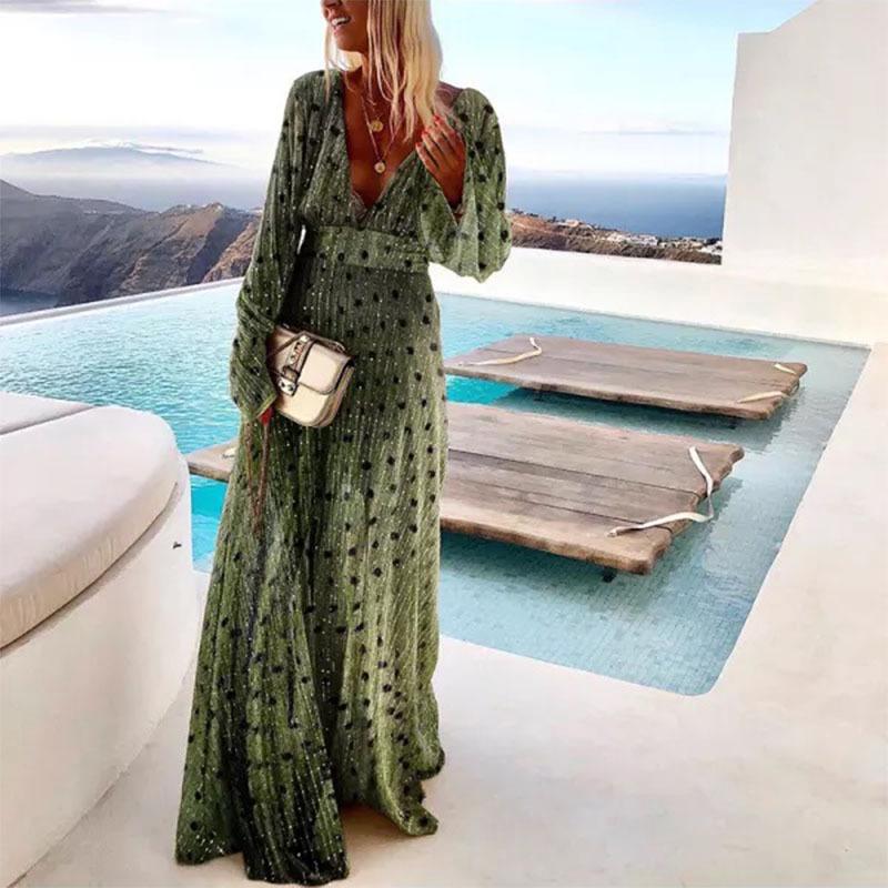 

Женское зеленое платье в горошек с глубоким V-образным вырезом и расклешенной юбкой, 2024 XXL темно-зеленого