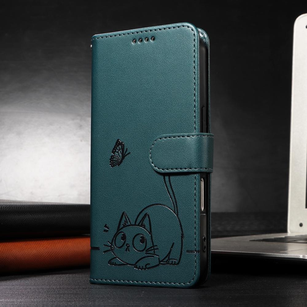 Magnetic Leather Wallet Case for Samsung Galaxy A05 A05S A06 A12 A13 A14 A22 A23 A24 A25 4G 5G | Cat & Butterfly Embossed Design