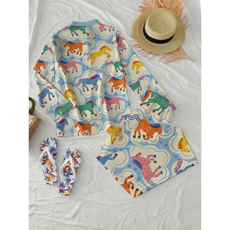 Childlike color pony print shirt wide leg pants two-piece set for women cute casual resort style long-sleeved trousers suit