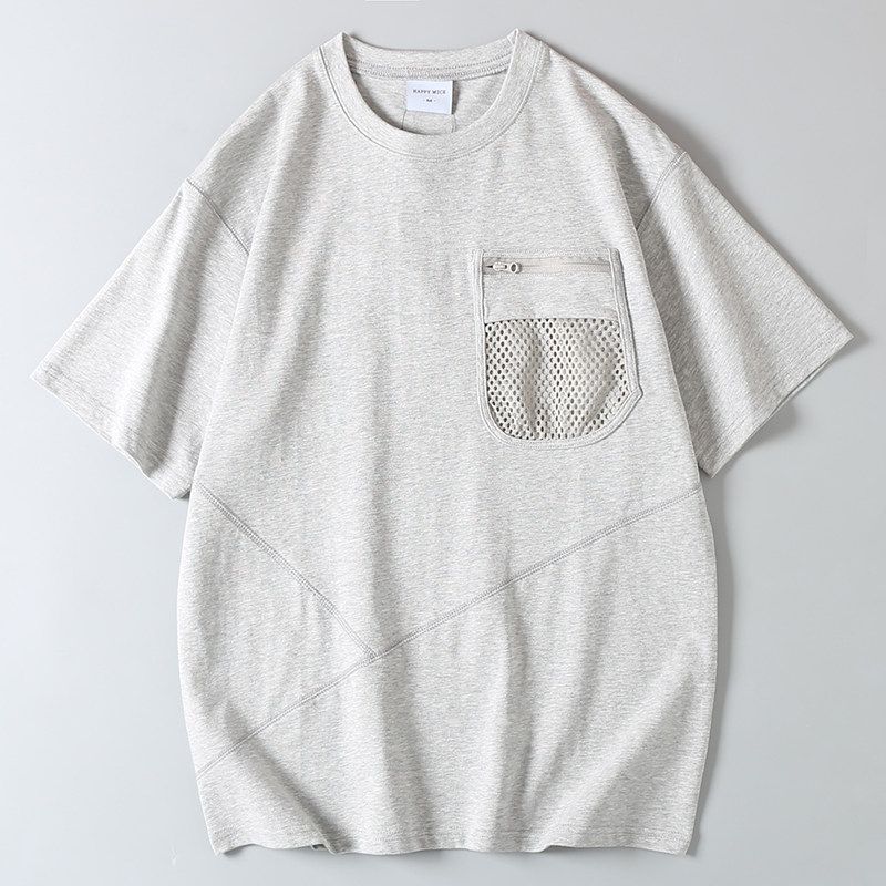 Japanese-Style Pure Cotton Versatile Loose Spliced Short-Sleeve T-Shirt for Men with 3D Cut and Mesh Pockets Casual Half-Sleeve Shirt