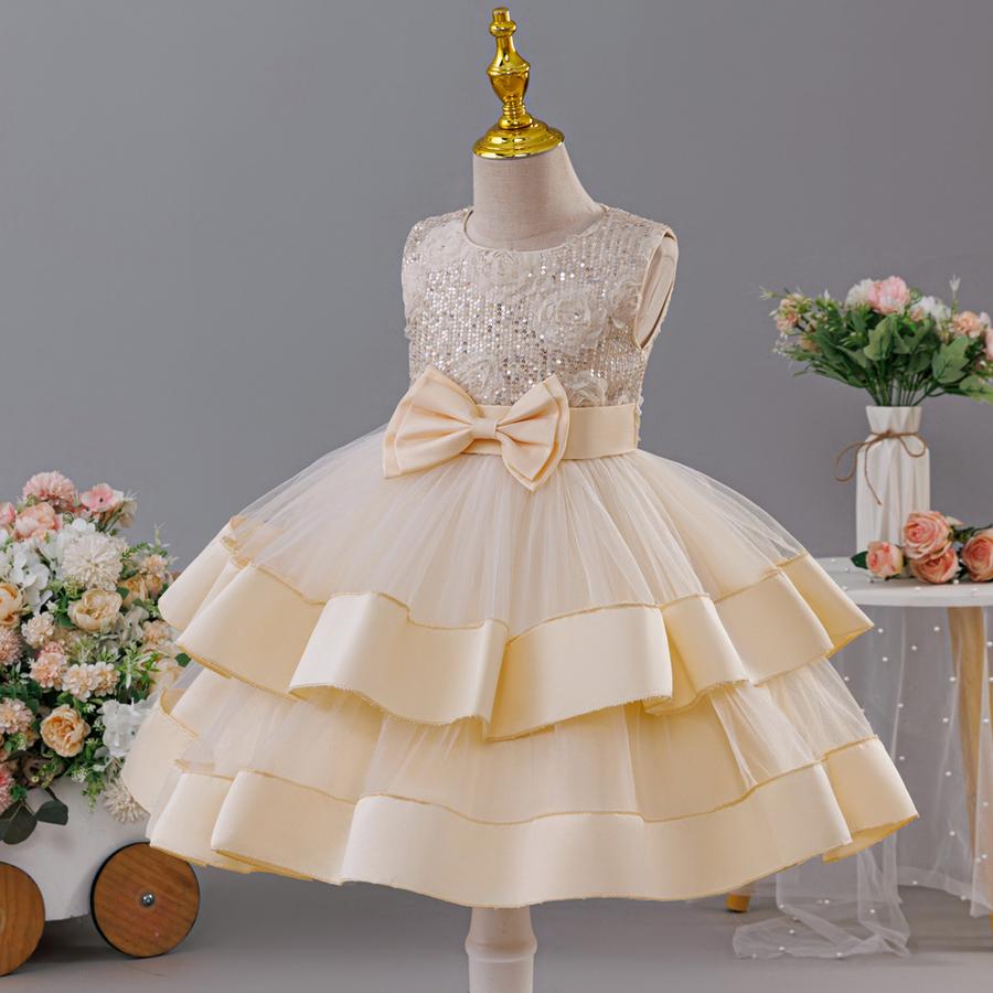 Girls' New Style Double Layer Mesh Lace Bow Party Evening Dress Princess Performance Outfit