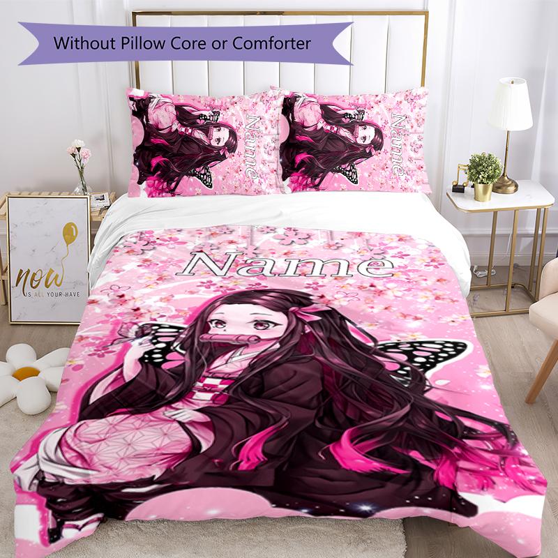 3pcs Custom Name Demon Slayer Nezuko Bedding Set Duvet Cover Closure Includes 1 Duvet Cover & 2 Pillowcases for All Seasons Bedroom Decor