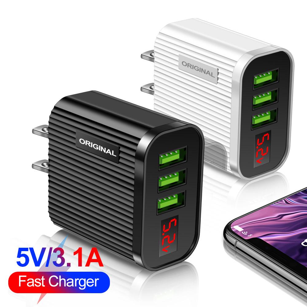

3-Port USB Digital Display Phone Charger 5V 3A, Striped Frosted Design, Compatible with EU/US Standards. US Standard Plug білий