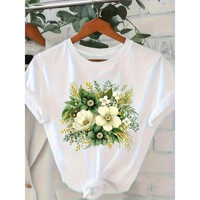 Europäische Größen Damen-T-Shirt mit Blumendruck | Atmungsaktiver Rundhalsausschnitt, Geeignet für den täglichen Gebrauch und formelle Anlässe, Maschinenwaschbar
