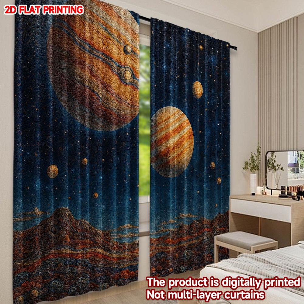 2D flat printing 2pcs Curtain Cosmic Planetary Landscape Digital Printed Polyester Drapes Festive Curtains Use for living room