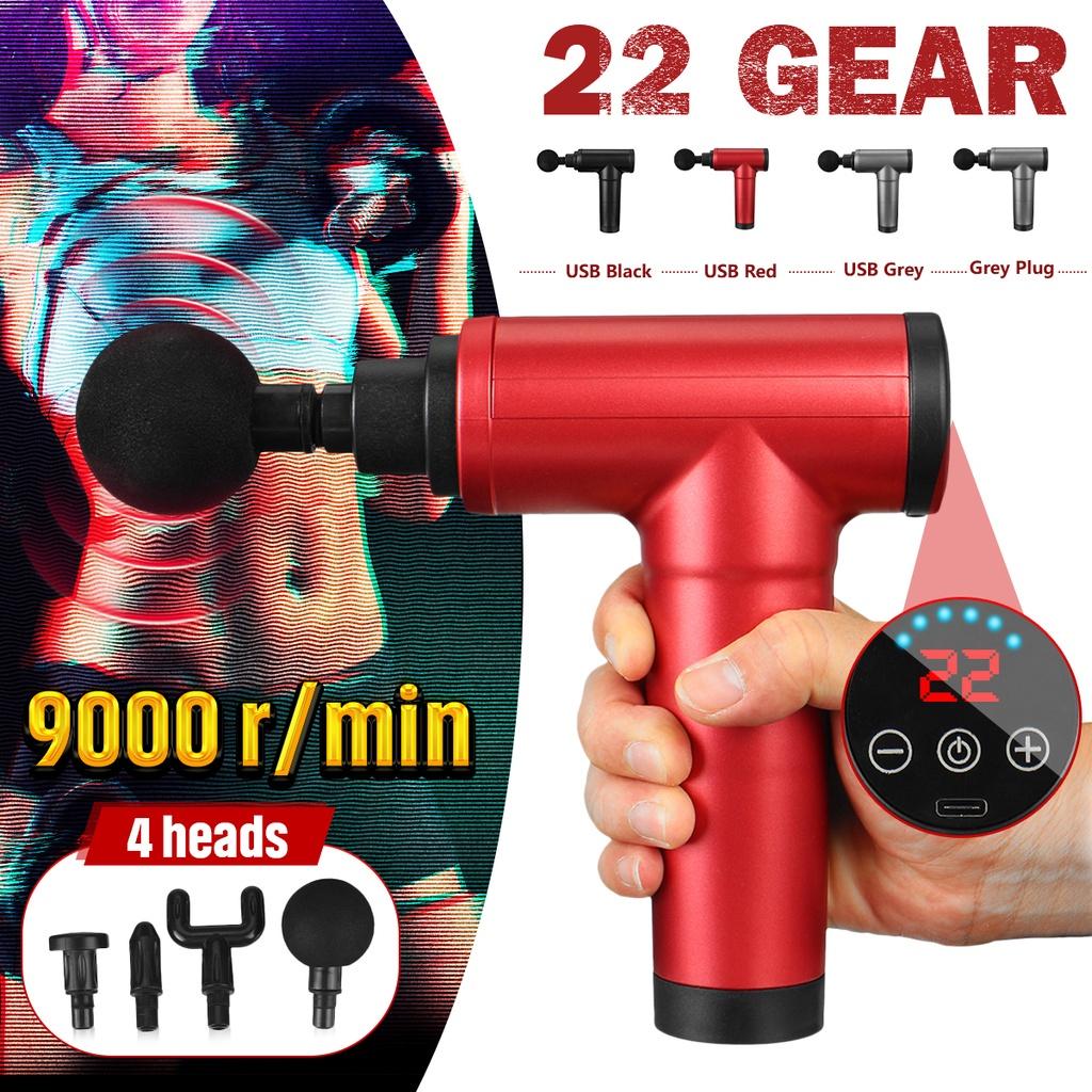 

9000 об/мин 22 скорости 4 насадки Массажные пистолеты Массажер для мышц Расслабление Мышцы Глубокий 12 мм Вибрационные пистолеты Облегчение боли Фасциальный Новый Grey Plug in