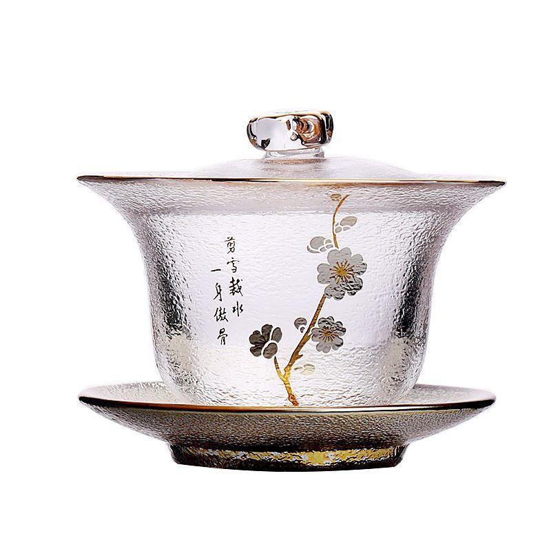 Chinese-style Heat-resistant Hammered Glass Tea Set, Including A Gold-rimmed Teapot, TeaCup, and Fair Mug for Kung Fu Tea