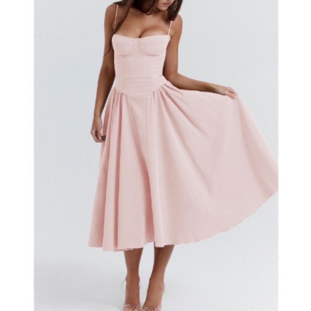 Women's Spaghetti Strap Midi Dress Solid Bustier High Waist Flared Swing Mid-Calf Sundress