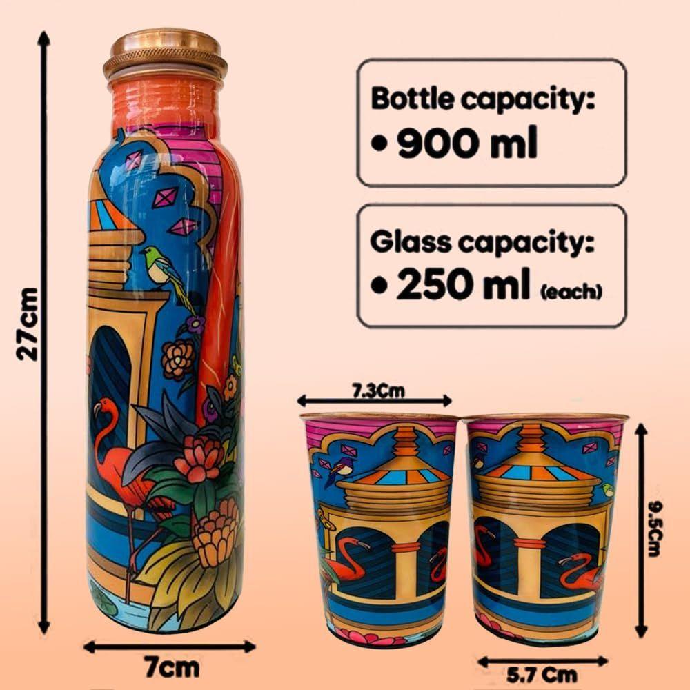 Embracing Rainy Delight Meena Print Copper Water Bottle Set | Handcrafted Tamba Bottle with 2 Glasses | Premium Copper Water Bottle