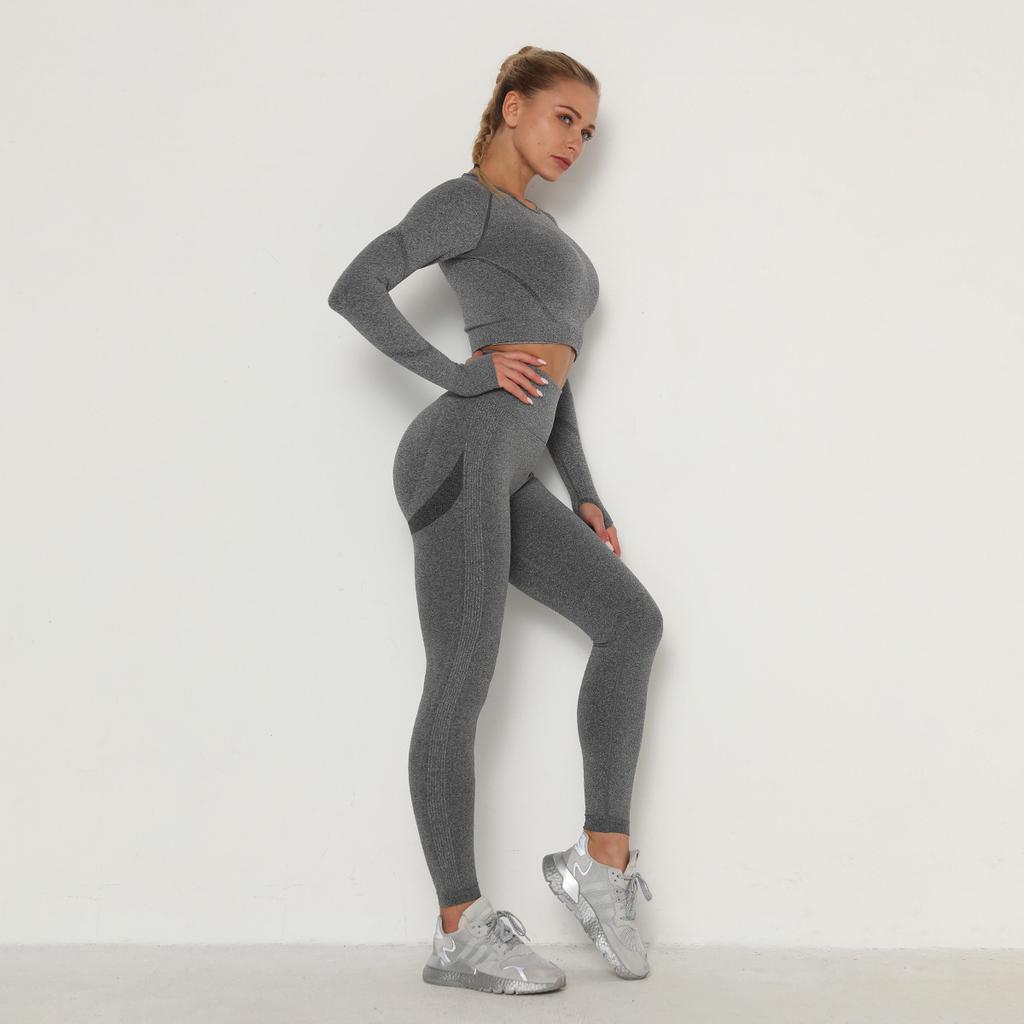 2 Pcs Seamless Set Yoga Suit Long Sleeve T-Shirts Push Up Leggings Sexy Sport Gym Sets Plus Size
