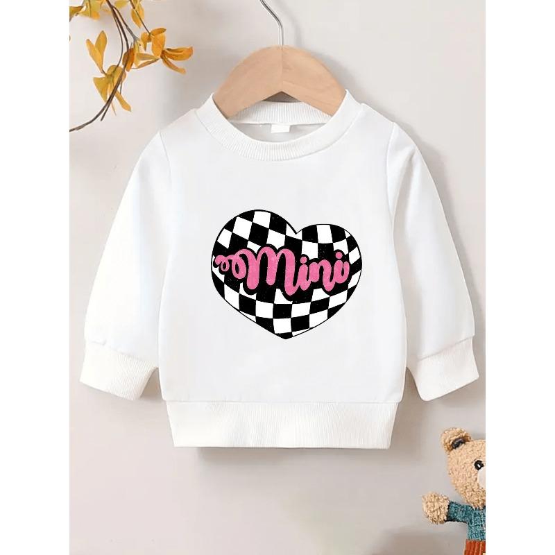 European sizes Black And White Checkered Heart 'Too Mini' Print, Trendy Long-Sleeve Round-Neck Casual Sweatshirt for Kids Aged 0-3