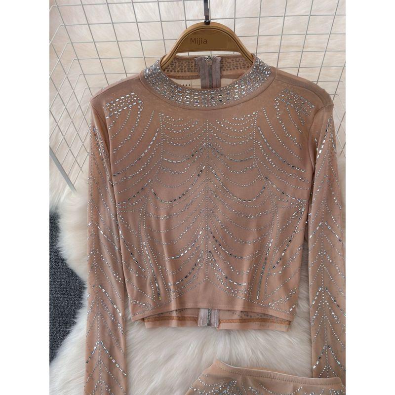 Influencer Picks 2024 Summer New Arrival Elegant Socialite Heavy Embroidery Hot Drilling Yarn Tops + Long Sheath Skirt Suit