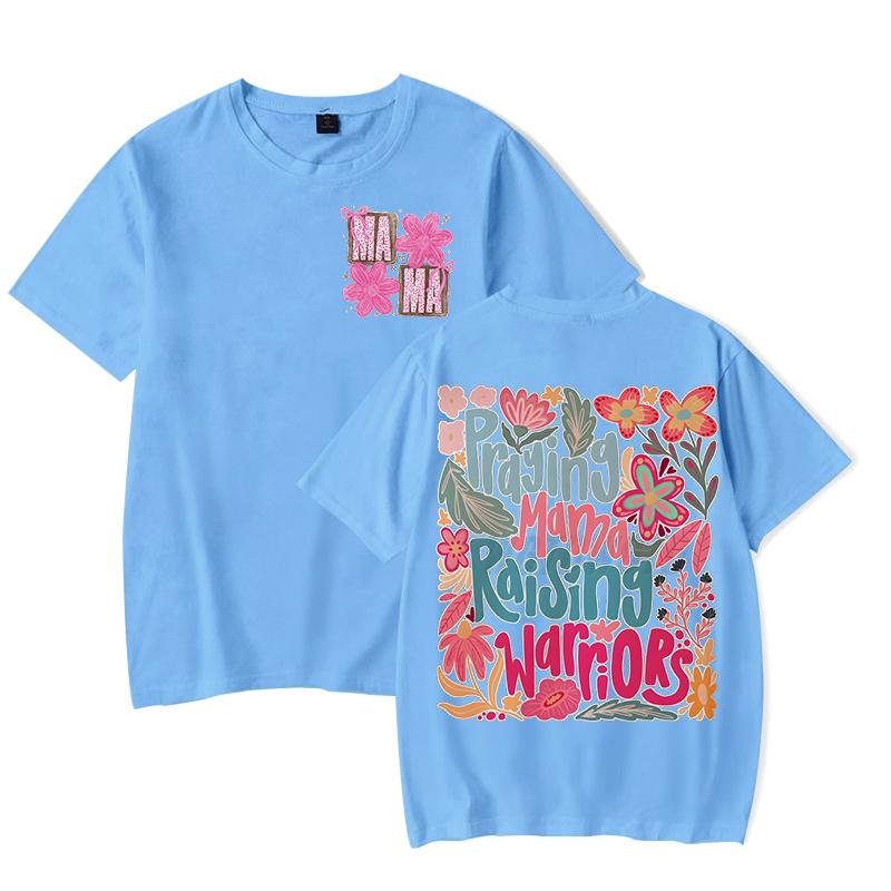 Trendy Women Clothing Mama Boho Floral Graphic T Shirts Praying Mamas Raising Warriors Graphic Tee Retro Vintage Mama T-shirt